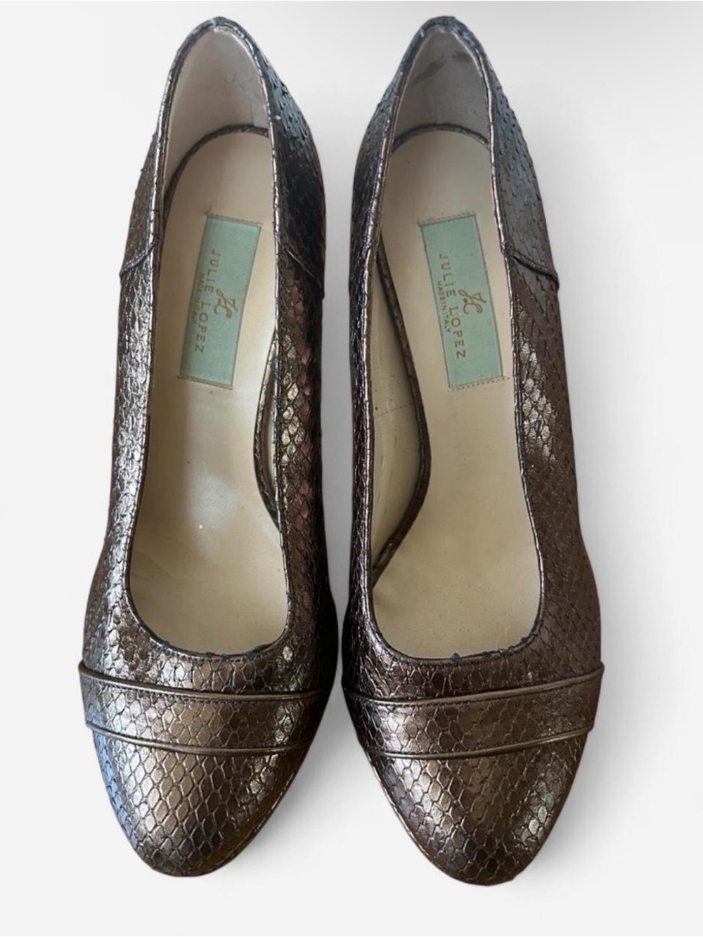 Julie Lopez Bronze Metallic Snake-Embossed Women’s Pumps